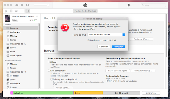 iTunes informará no momento qual a data do backup (Imagem: Reprodução)