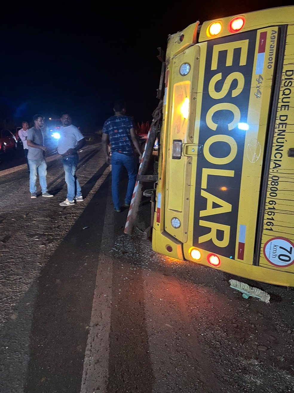 Veículo escolar ficou tombado em rodovia — Foto: Reprodução/Redes sociais