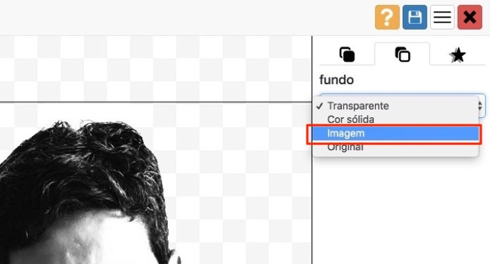 Ação para abrir a ferramenta para upload de imagens de fundo no serviço online PhotoScissors — Foto: Reprodução/Marvin Costa