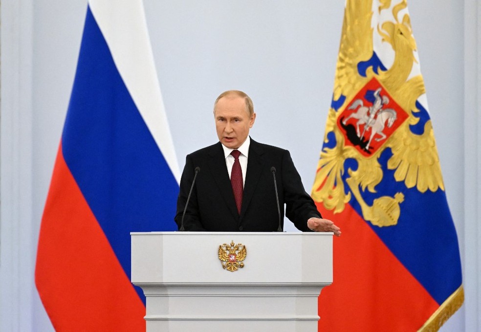 Putin anuncia anexação ilegal de regiões da Ucrânia — Foto: Grigory SYSOYEV / SPUTNIK / AFP