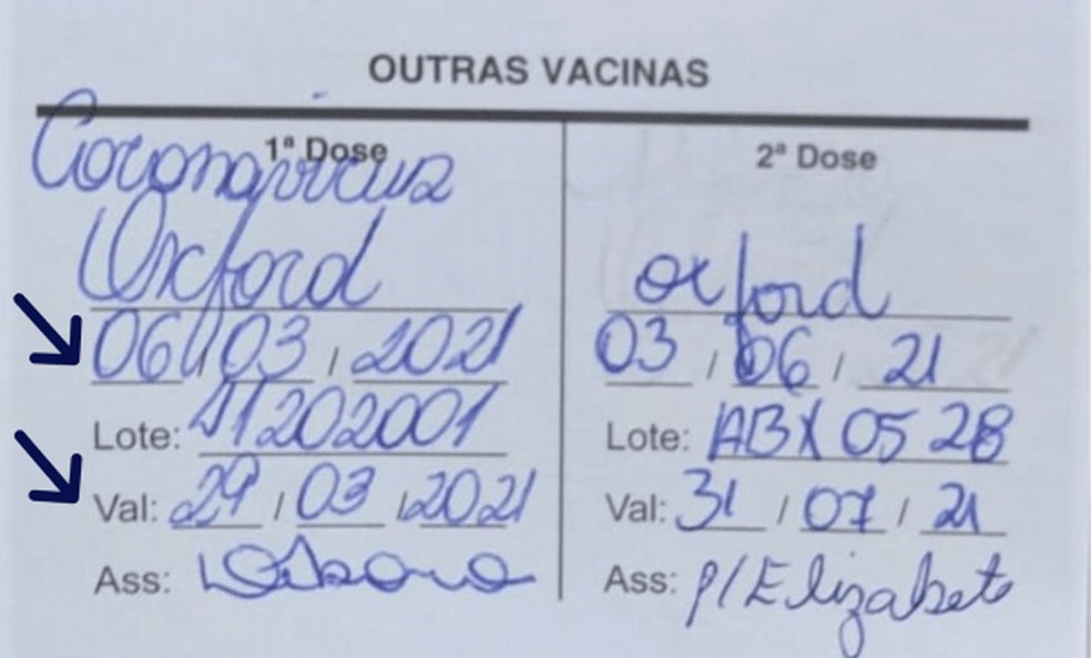 Cartão de moradora de Patos de Minas mostra aplicação dentro da validade do lote 4120Z001 — Foto: Prefeitura de Patos de Minas/Divulgação