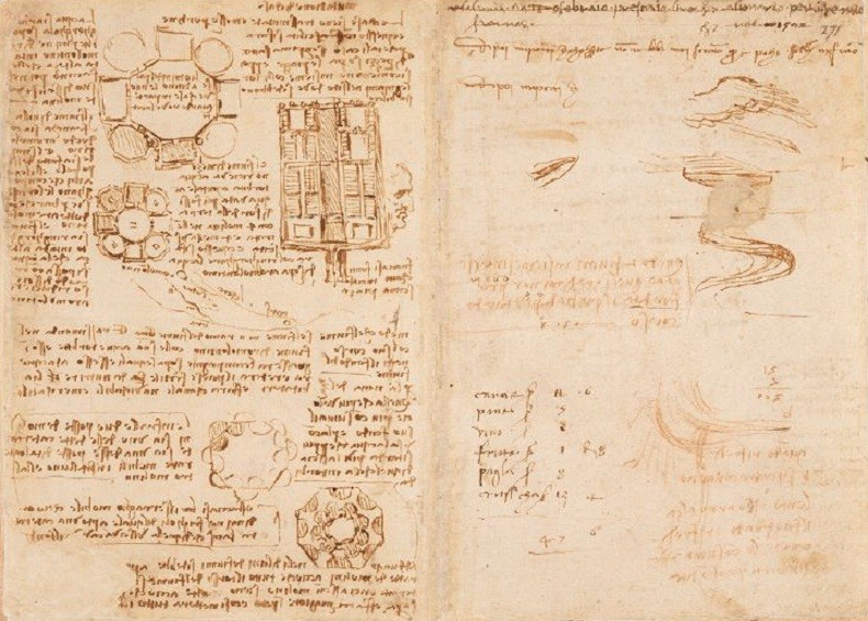 Trecho de um caderno de notas de Leonardo DaVinci, mantido pelo gênio em 1508 (Foto: biblioteca britânica)