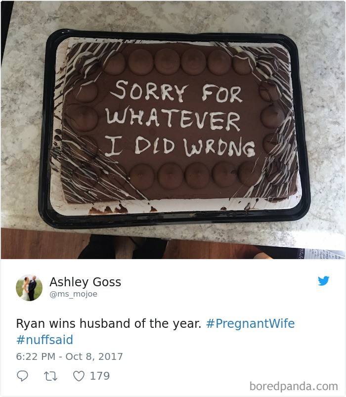 Escrito no bolo: “Desculpe pelo o que quer que eu tenha feito errado”. Ryan ganhou marido do ano. #esposagravida  (Foto: Reprodução Twitter)