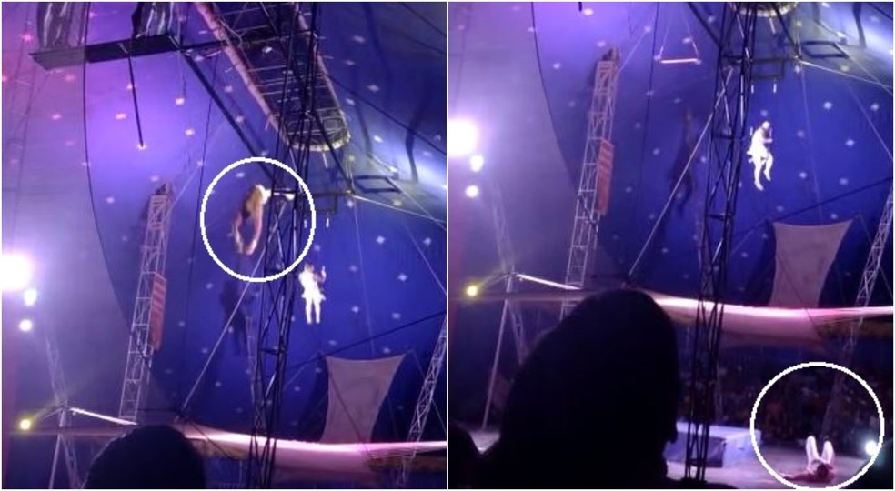Trapezista ficou ferido após cair fora da rede de proteção durante estreia de circo em Caucaia, na Região Metropolitana de Fortaleza. — Foto: Reprodução