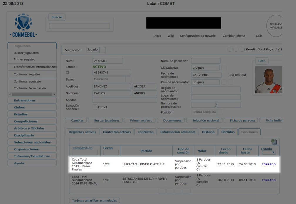 Sistema da Conmebol mostra Carlos SÃ¡nchez, do Santos, livre de puniÃ§Ãµes desde maio (Foto: GloboEsporte.com)