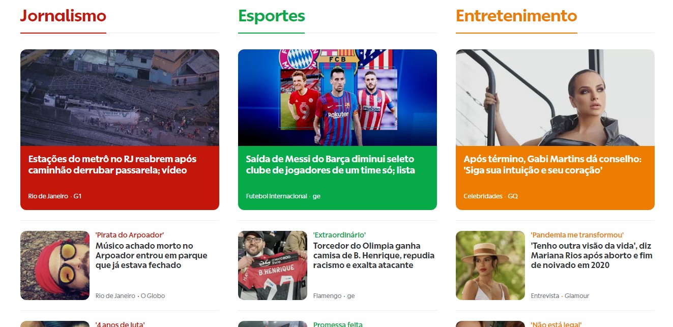 Cores das categorias jornalismo, esportes e entretenimento continuam as mesmas, mas dispostas de forma diferente (Foto: Reprodução/Globo.com)