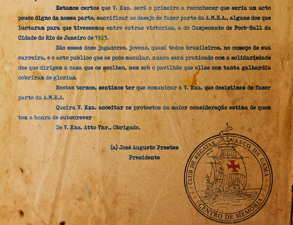 Trecho da Resposta Histórica do Vasco — Foto: Reprodução site oficial do Vasco