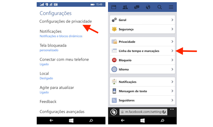 Acessando as configurações para linha do tempo do Facebook no Windows Phone (Foto: Reprodução/Marvin Costa)