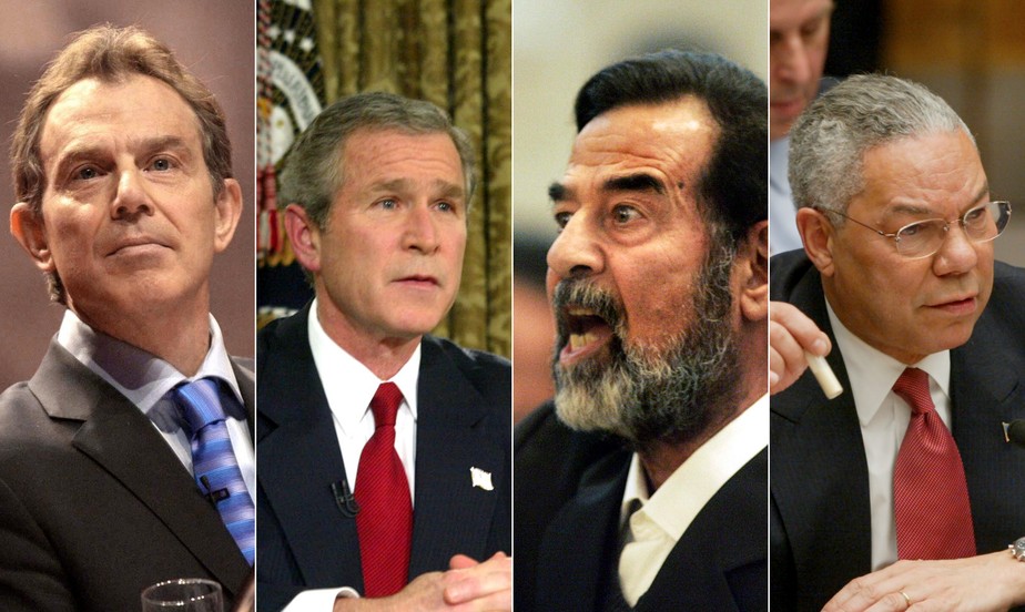 Tony Blair, George Bush, Saddam Hussein e Colin Powell foram figuras-chave da Guerra do Iraque, que completa 20 anos nesta segunda