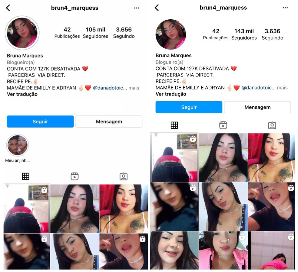 Conta de Bruna tinha 105 mil seguidores antes do crime e somava 143 mil pessoas até esta terça (22) — Foto: Reprodução/Instagram