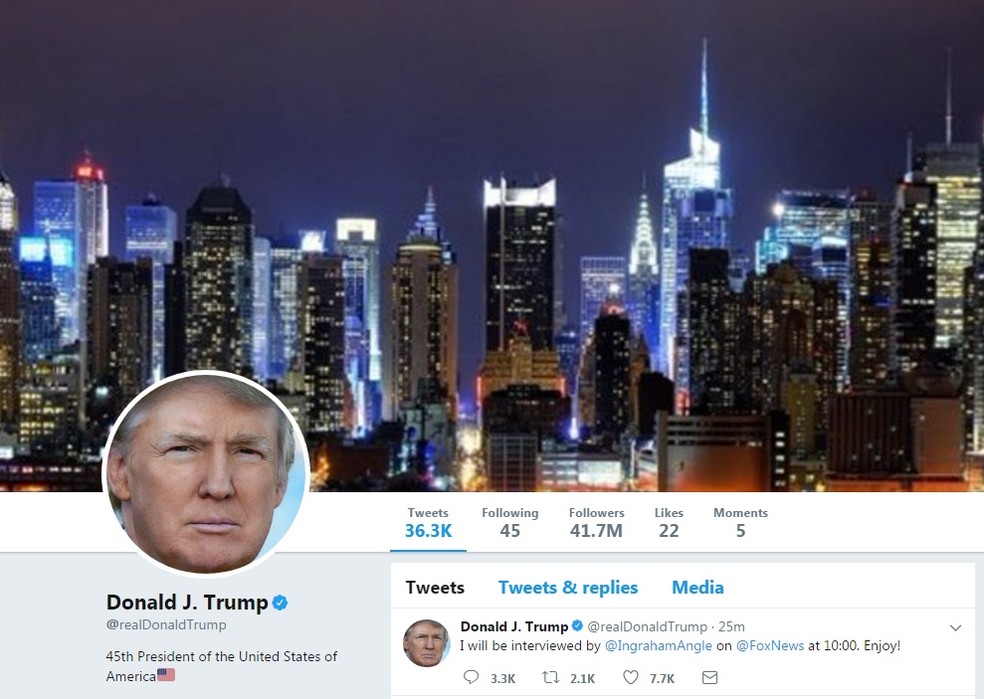 Conta do presidente dos EUA, Donald Trump, no Twitter (Foto: Reprodução/Twitter)