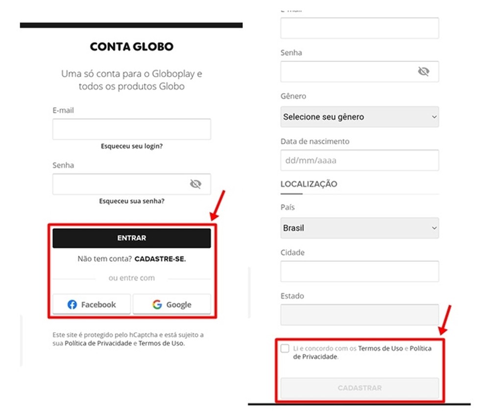 Eleitor faz login ou cadastro no Globoplay informando seus dados pessoais ou de contas Facebook ou Google — Foto: Reprodução/Gabriela Andrade