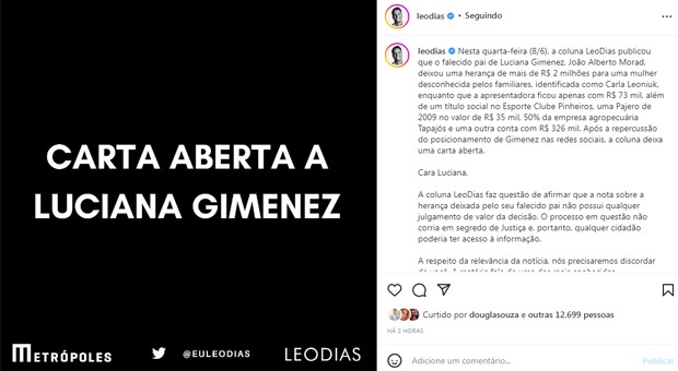 Leo Dias faz carta aberta a Luciana Gimenez (Foto: Reprodução/Instagram)