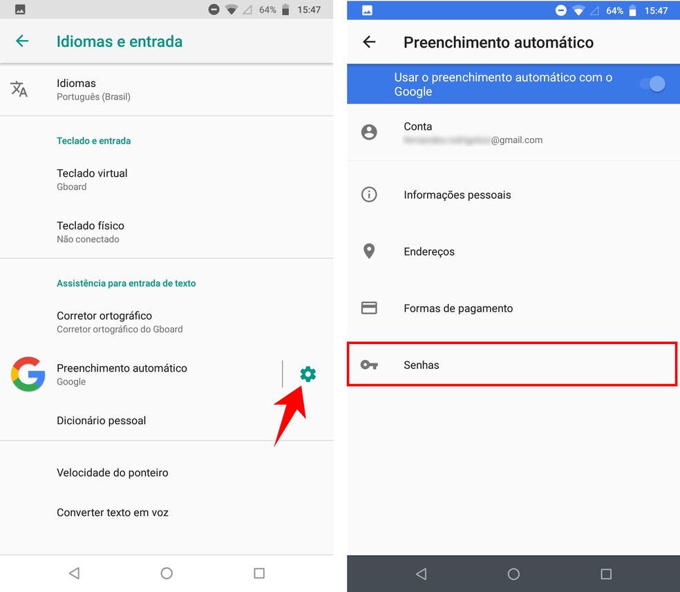 Acessando as senhas armazenadas na conta Google de um celular Android — Foto: Reprodução/Rodrigo Fernandes