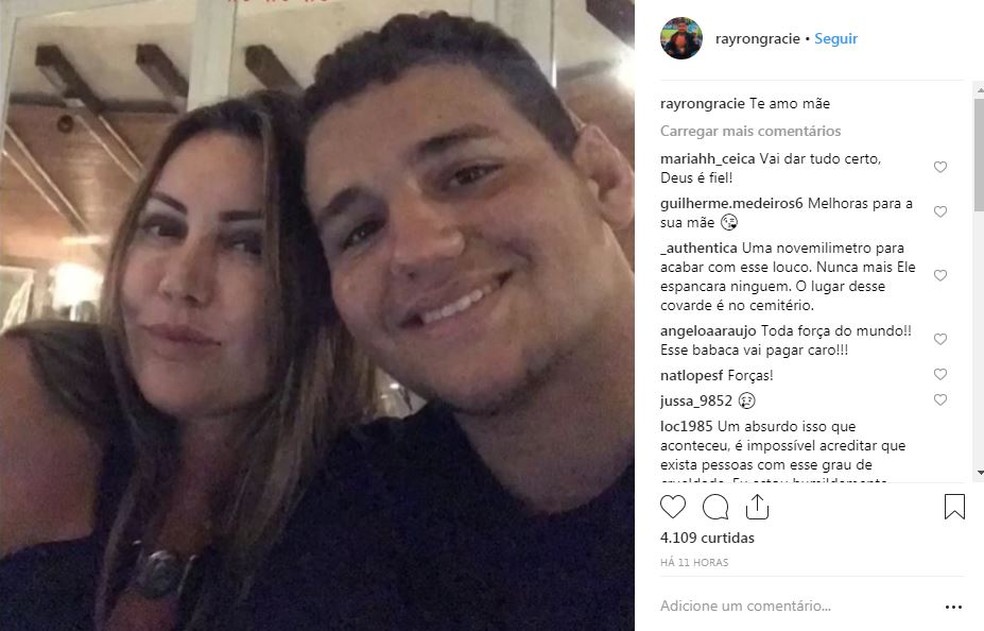 O lutador Rayron Gracie usou seu perfil no Instagram para homenagear a mãe, que foi espancada por Vinícius Batista Serra dentro do próprio apartamento — Foto: Reprodução/Instagram