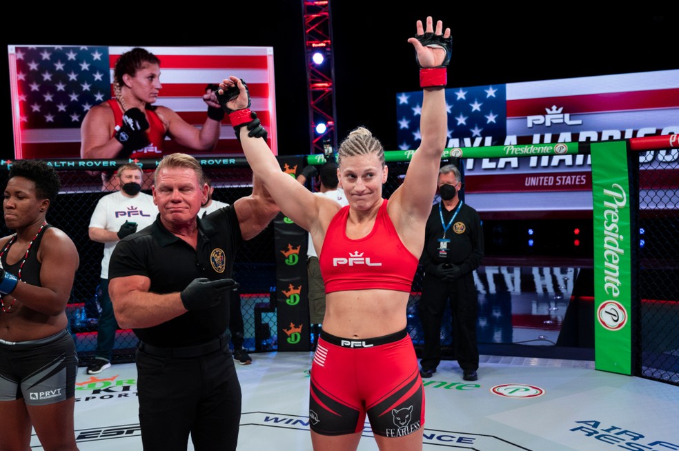 Kayla Harrison após sua vitória sobre Mariana Morais no PFL 2021 #3 — Foto: Divulgação