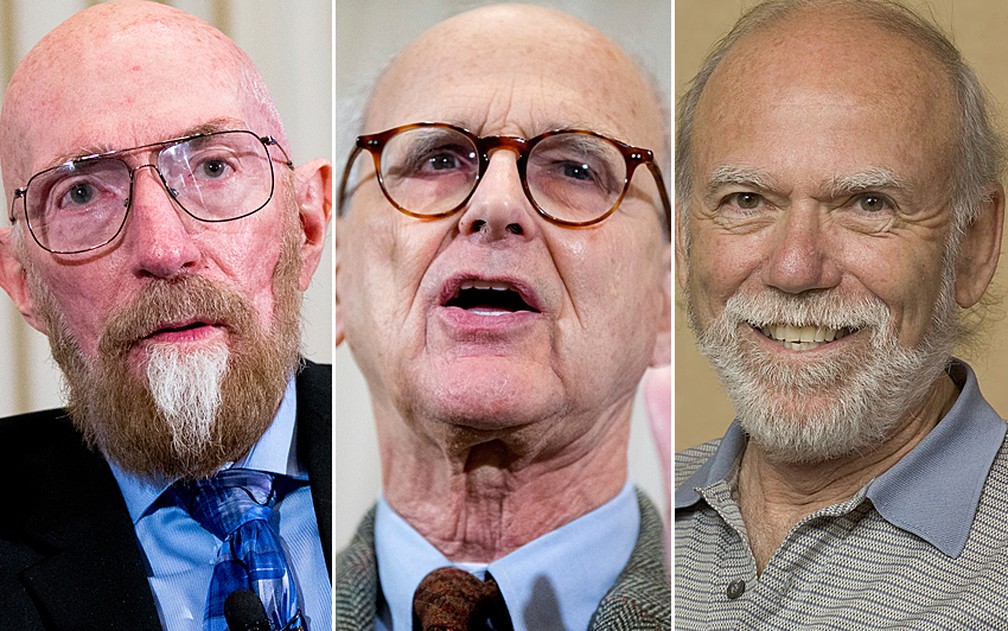Os cientistas Kip Thorne, Rainer Weiss e Barry Barish, vencedores do Nobel de Física; eles desvendaram o mistério das ondas gravitacionais  (Foto: Andrew Harnik/AP e  R.Hahn/Public Domain)