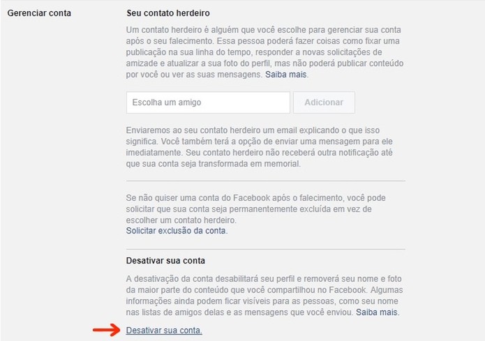 Link para desativação temporária de conta no Facebook (Foto: Reprodução/Raquel Freire) Link para desativação temporária de conta no Facebook (Foto: Reprodução/Raquel Freire)