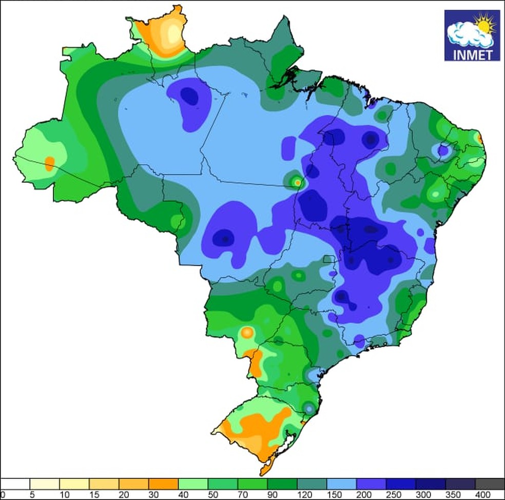 Precipitao acumulada nos ltimos 15 dias no pas mostra que Mato Grosso  um dos estados atingidos pelas tempestades  Foto: Reproduo/Inmet