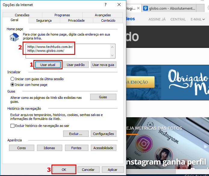Adicionando as páginas abertas para serem exibidas ao iniciar o Internet Explorer (Foto: Reprodução/Edivaldo Brito)