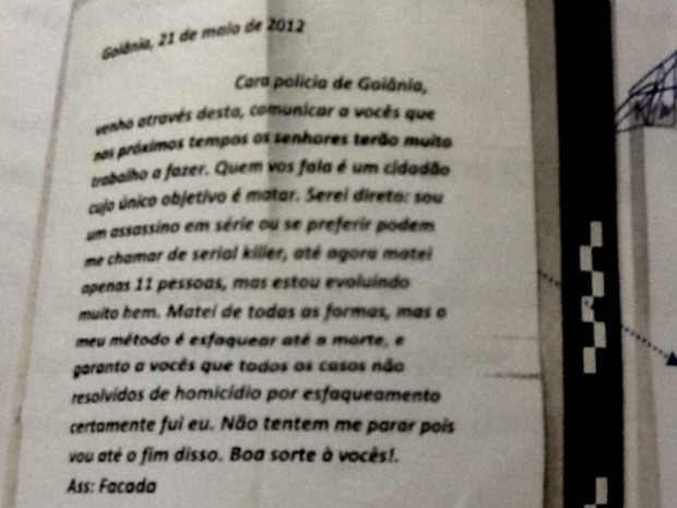 Carta serial killer Tiago Henrique Gomes da Rocha Goiás (Foto: Reprodução/O Popular)
