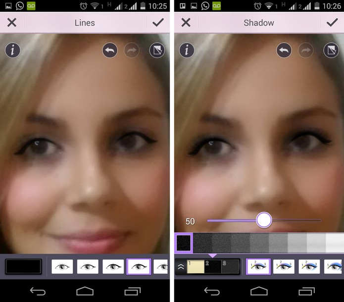 Aplicação de delineador, cílios e sombra nos olhos usando o YouCam Makeup (Foto: Reprodução/ Marcela)