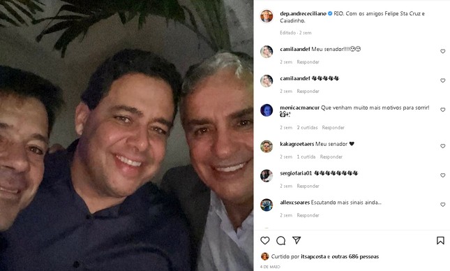 Ceciliano publicou selfie com o pré-candidato do PSD ao governo do Rio, Felipe Santa Cruz, rival de Freixo, e o presidente da Câmara Municipal do Rio, Carlo Caiado (sem partido)