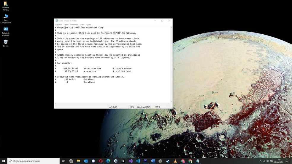 Verifique se não há nada bloqueado no arquivo de hosts do Windows — Foto: Reprodução/Filipe Garrett