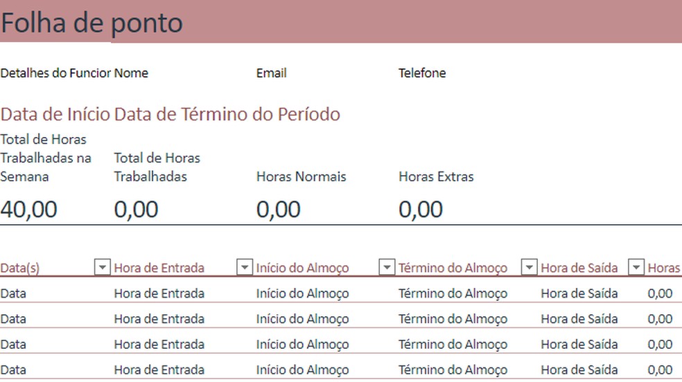 Excel Online tem modelo pronto de folha de ponto com controle de horas — Foto: Reprodução/Paulo Alves