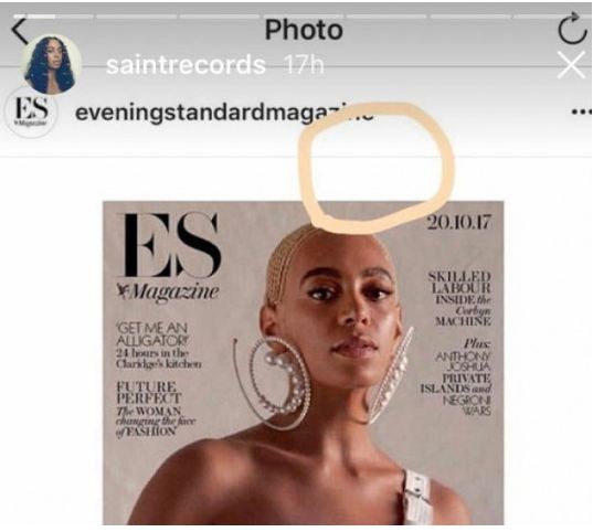 Solange Knowles: no Stories, a artista postou a capa da revista e apontou a alteração feita na imagem (Foto: Reprodução Instagram)