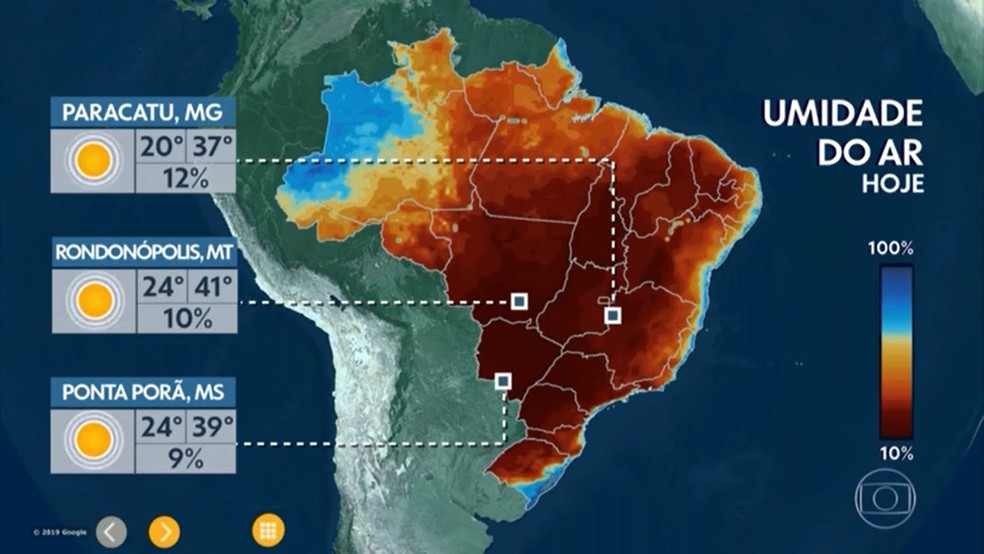 Umidade do ar no Brasil nesta sexta-feira (2)  — Foto: Reprodução/TV Globo