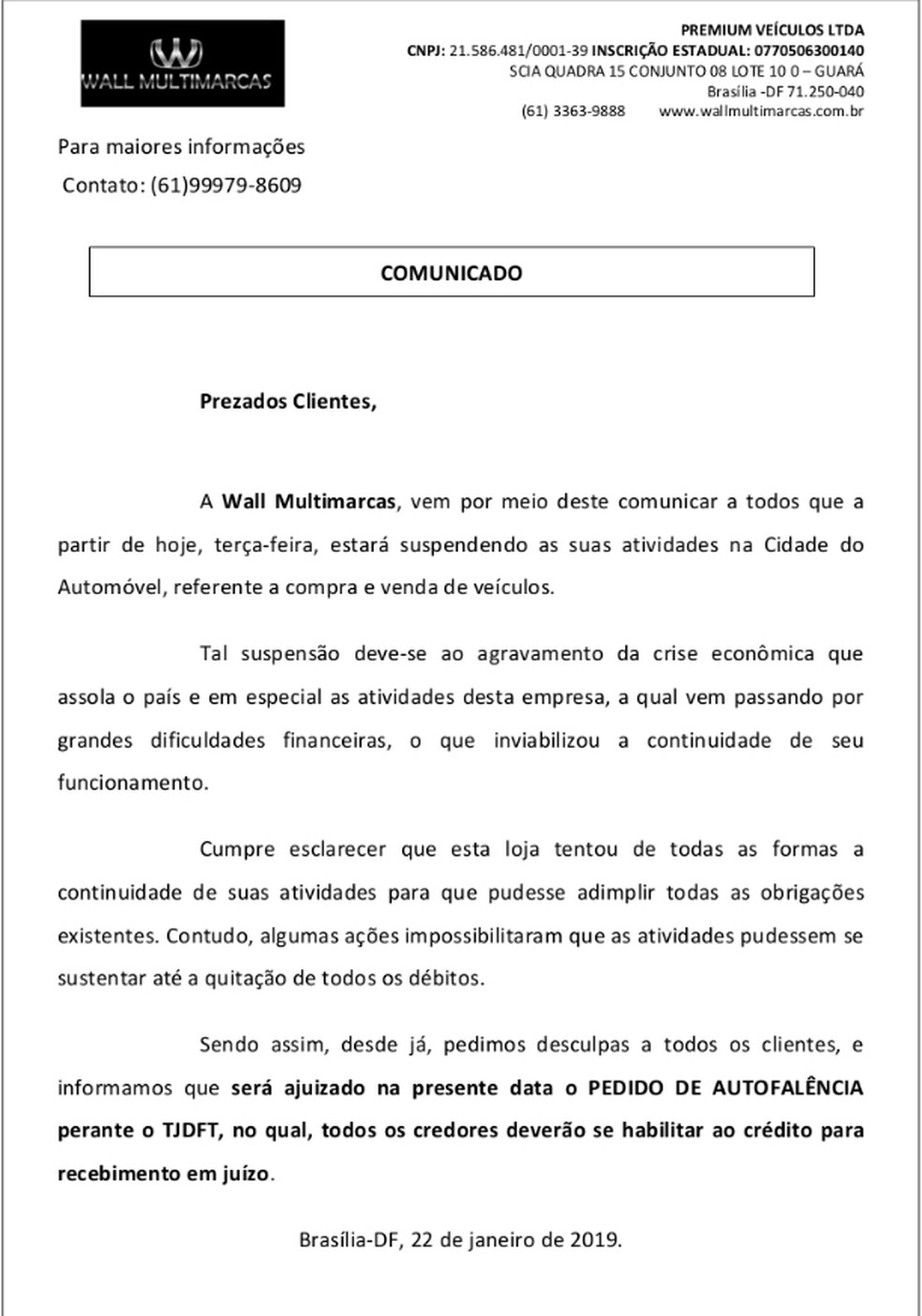 Comunicado divulgado pela empresa informando o pedido de falência da empresa — Foto: Reprodução