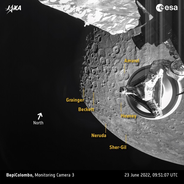 A missão BepiColombo capturou essa visão de Mercúrio em 23 de junho de 2023, quando a espaçonave passou pelo planeta para sua segunda das seis manobras de assistência à gravidade (Foto: ESA/BepiColombo/MTM)