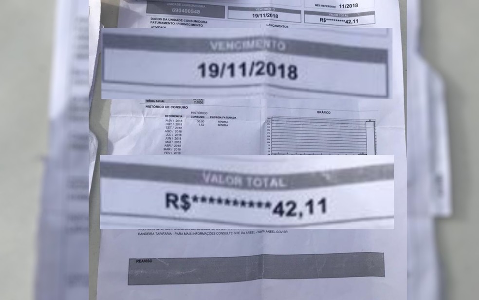 Conta de energia de um mês antes da cobrança de R$ 87 mil da cliente — Foto: Reprodução/TV Anhanguera