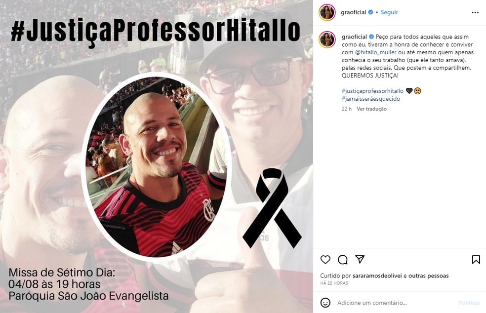 Gracyanne Barbosa cobra justiça pela morte de seu personal trainer, Hitallo Müller — Foto: Reprodução/Instagram