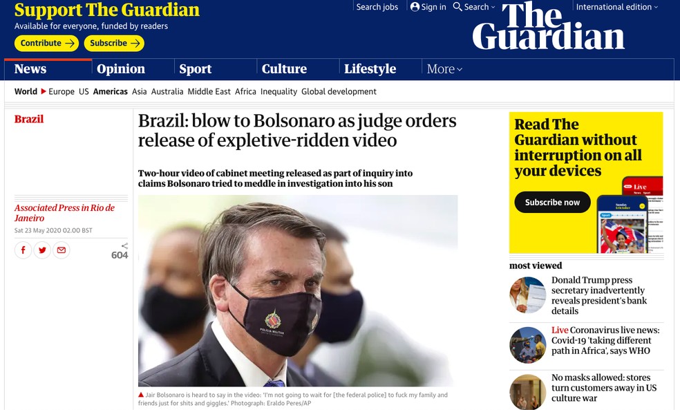 'The Guardian' (Reino Unido): Brasil: Bolsonaro é atingido por ordem de juiz que libera a divulgação de vídeo com palavrões — Foto: Reprodução/The Guardian