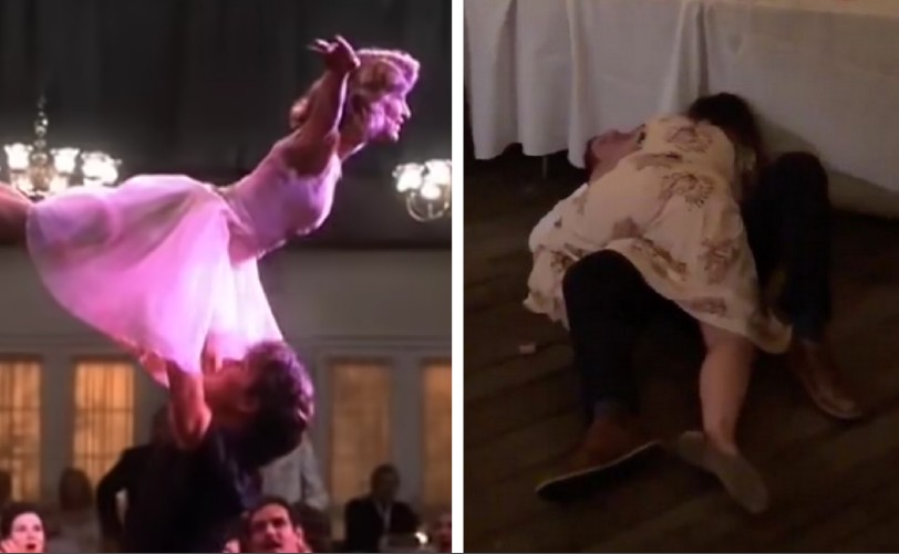 Jennifer Grey e Patrick Swayze em cena de Dirty Dancing (1987) e o casal estatelado no chão em um casamento após tentar reproduzir o movimento (Foto: Reprodução)