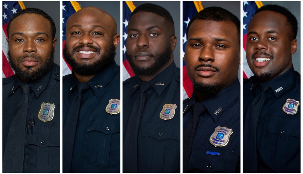 Demetrius Haley, Desmond Mills, Jr., Emmitt Martin III, Justin Smith e Tadarrius Bean, policiais que foram presos em Memphis — Foto: Reuters