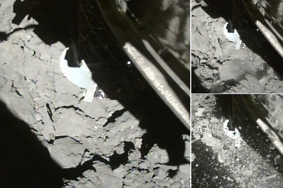 Primeira foto ( esquerda) - 4 segundos antes do pouso da sonda; segunda foto ( canto superior direto) - durante a aterrizagem; terceira foto ( canto inferior direito) - 4 segundos após pouso, rochas levantam  (Foto: JAXA/ Twitter)