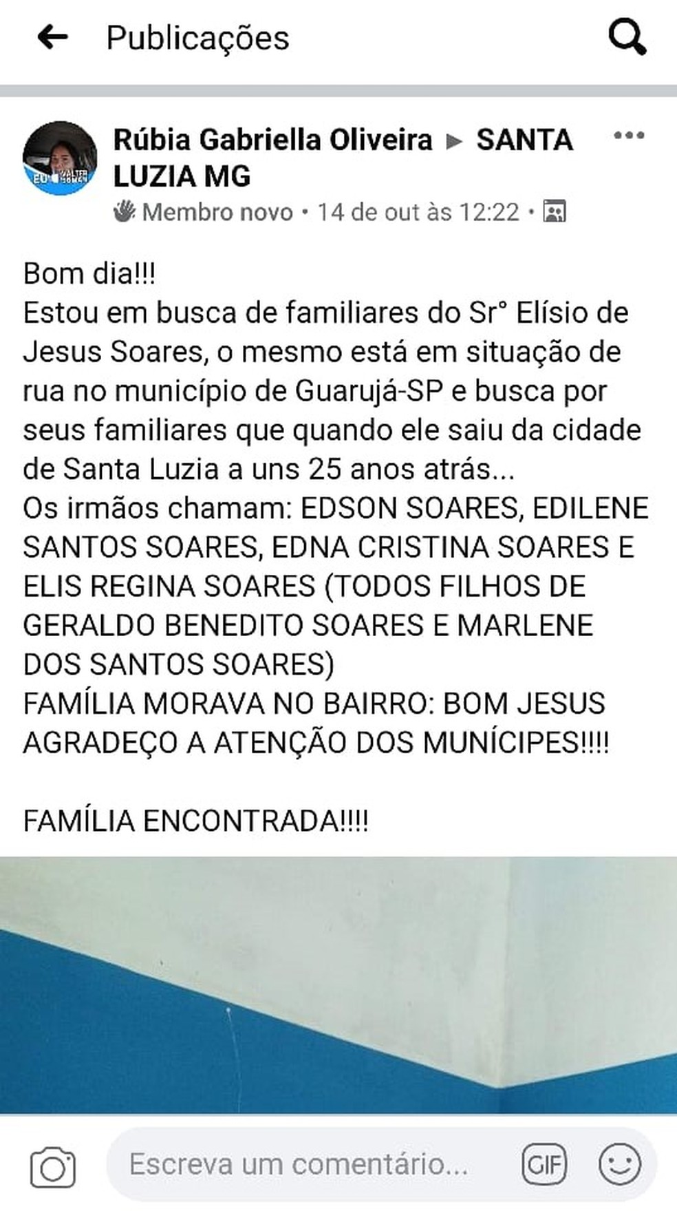 Rúbia fez o post em um grupo da cidade de origem de Edson — Foto: Reprodução/ Facebook