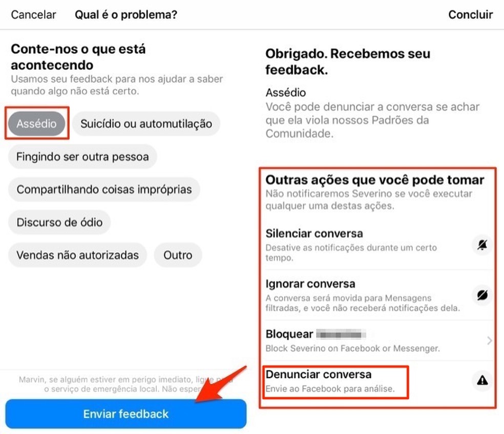 Ação para finalizar uma denúncia de assédio no Facebook Messenger — Foto: Reprodução/Marvin Costa