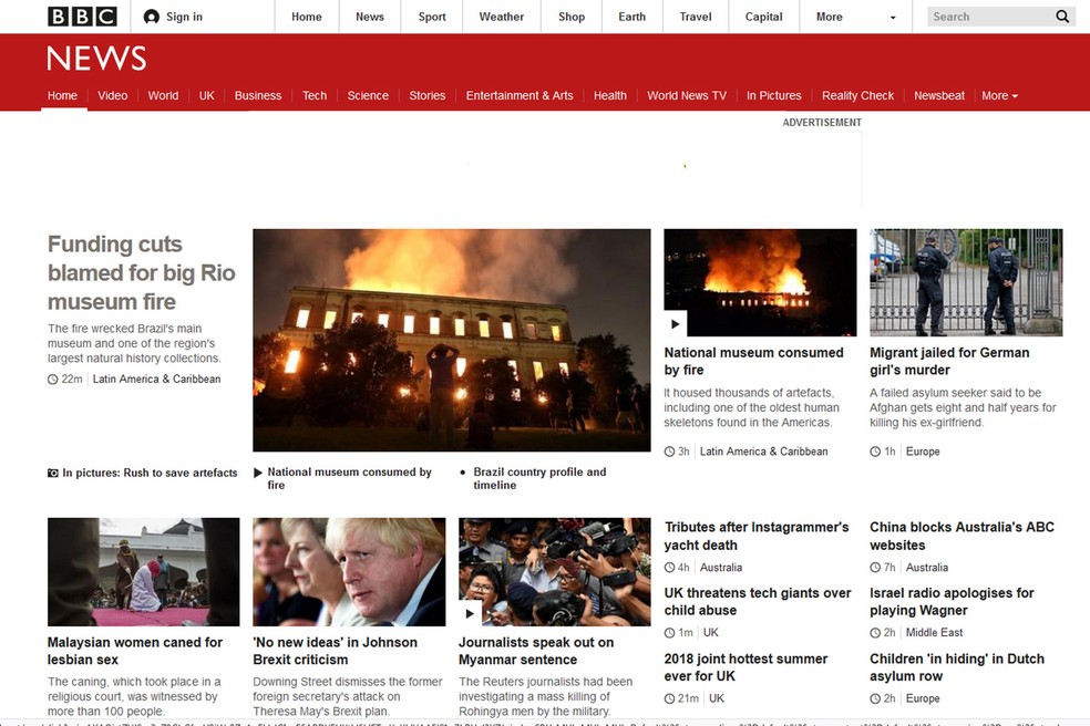 Notícia sobre o incêndio no Museu Nacional foi destaque no site da BBC (Foto: Reprodução/BBC)