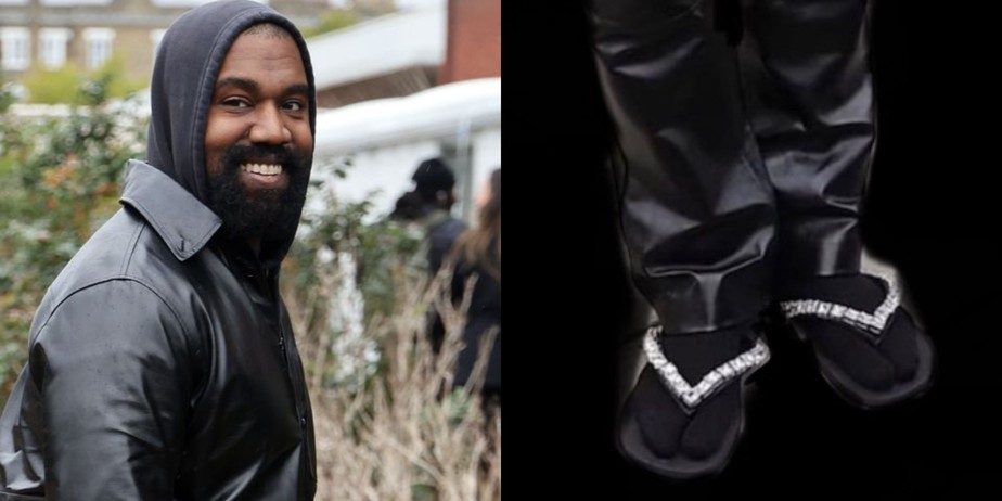 Kanye West aparece de chinelo e meias em desfile e vira alvo de memes: 'Homenagem para esse ícone da moda brasileira'