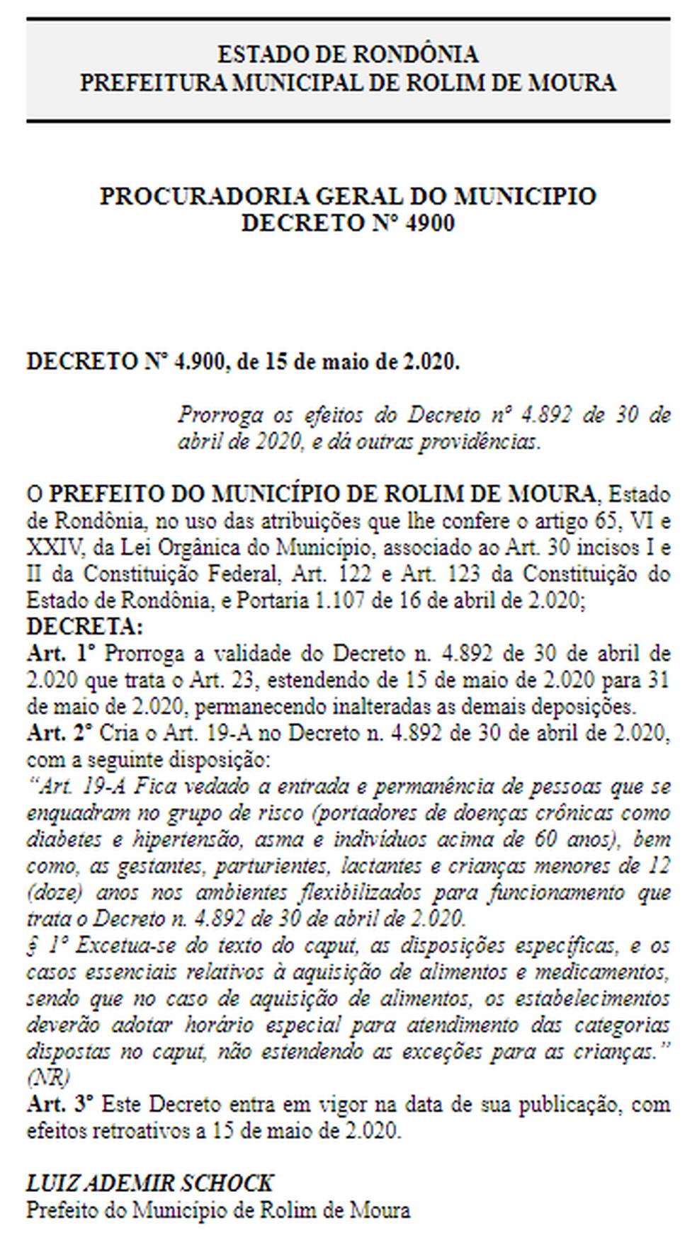 Decreto nº 4.900 de Rolim de Moura — Foto: Reprodução