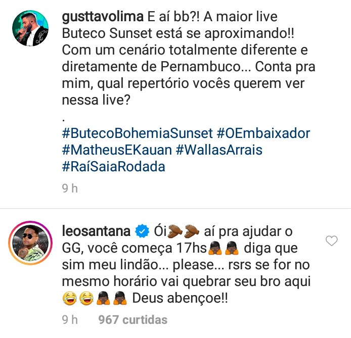 Leo Santana pede ajudinha a Gusttavo Lima (Foto: Reprodução / Instagram)