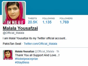 Malala Yousafzai agradeceu o Prêmio Nobel pelo Twitter (Foto: Reprodução/Twitter)
