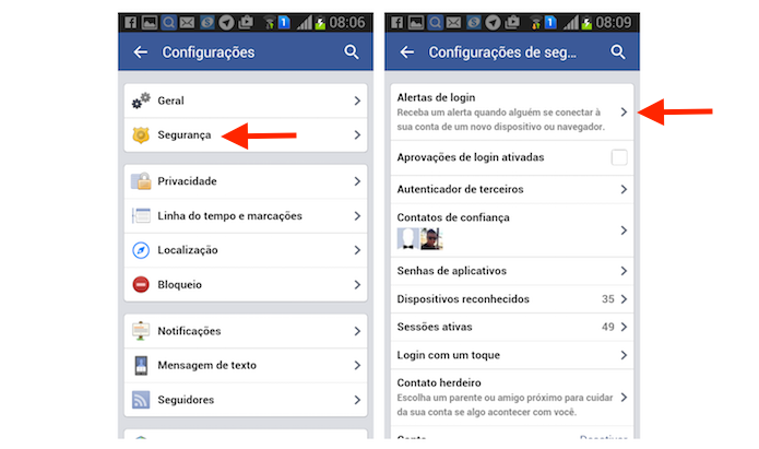 Acessando a ferramenta para alertas de login do Facebook pelo Android (Foto: Reprodução/Marvin Costa)