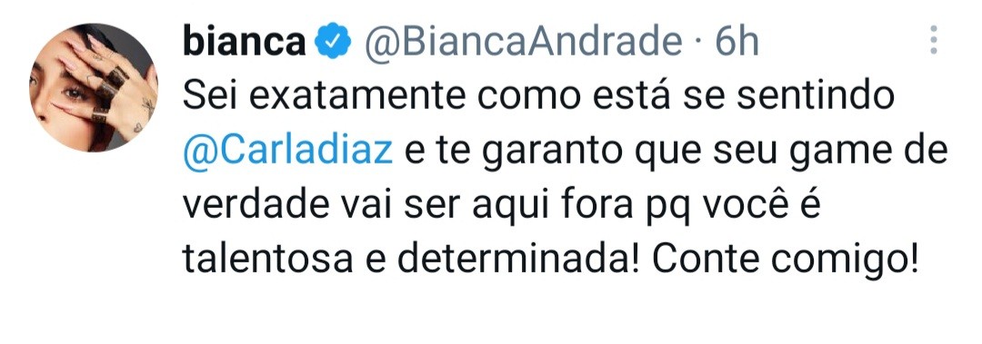 Bianca Andrade apoia Carla Diaz no Twitter  (Foto: Reprodução / Twitter)
