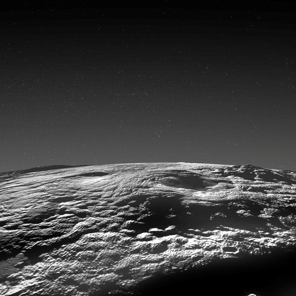 Uma visão em perspectiva da região vulcânica gelada de Plutão. Imagem é baseada em dados de 2015 da sonda New Horizons da NASA. — Foto: NASA/Johns Hopkins University Applied Physics Laboratory/Southwest Research Institute/Isaac Herrera/Kelsi Singer/REUTERS