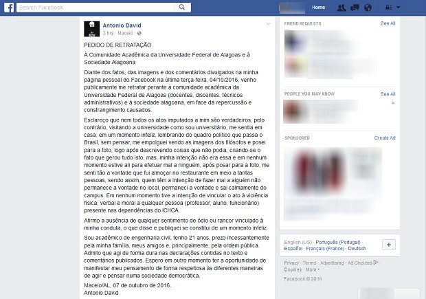 Antonio David utilizou as redes sociais para se retratar com a comunidade acadêmica da Ufal (Foto: Reprodução/Facebook)